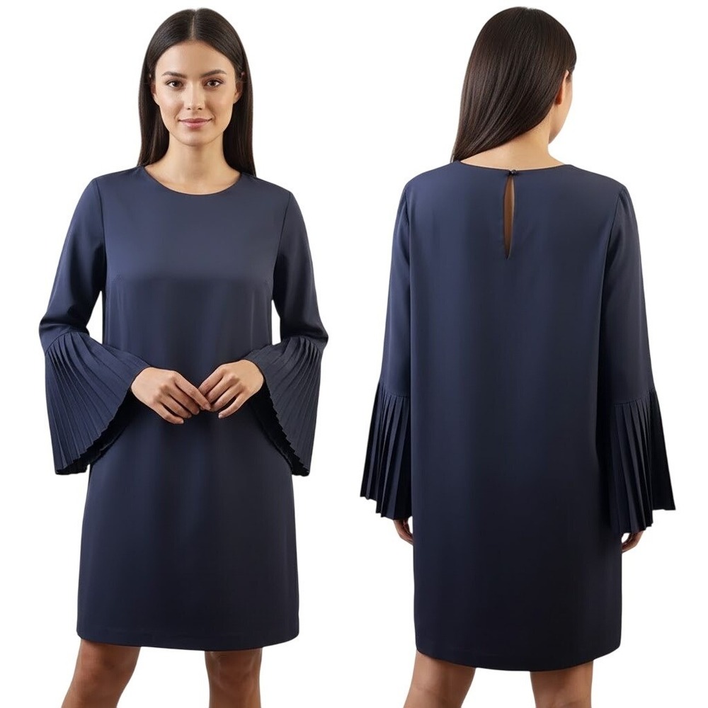 Banana Republic Dress 4 Blue Shift Pleated Bell Sleeves Keyhole Chicโ Minimal